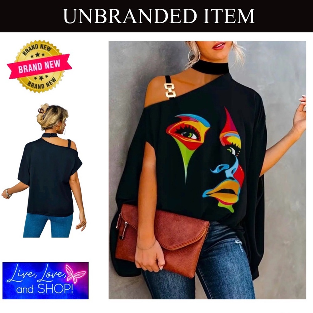 SHIRT: Black/Multicolor Blouse w/Off Shoulder Face Print & Slit Sleeves, NWOT